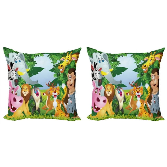 Ambesonne Cartoon Throw Pillow Cover 2 Pack, Savannah Jungle Funny Art, 16", Multicolor