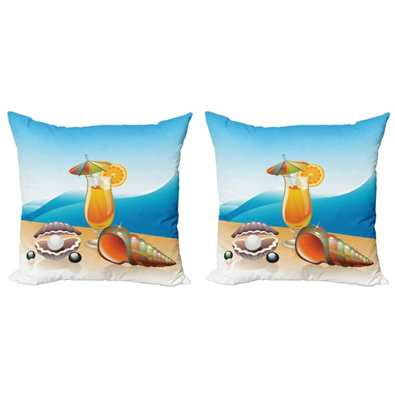 Ambesonne Cartoon Throw Pillow Cover 2 Pack, Seascape Summer Beach, 16", Blue Orange Purple