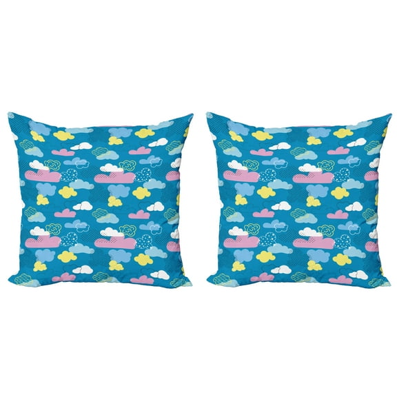 Ambesonne Cartoon Throw Pillow Cover 2 Pack, Style Clouds Dots, 18", Sea Blue Pastel Yellow