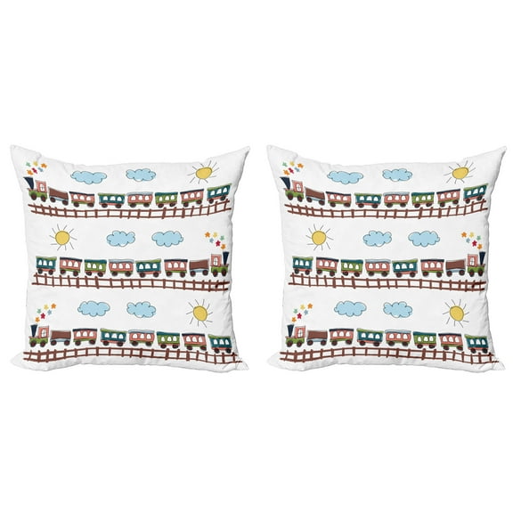 Ambesonne Cartoon Throw Pillow Cover 2 Pack, Train Tracklines, 20", Multicolor