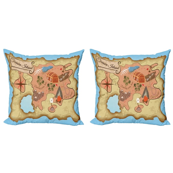 Ambesonne Cartoon Throw Pillow Cover 2 Pack, Treasure Map Adventure, 24", Cream Pink Blue