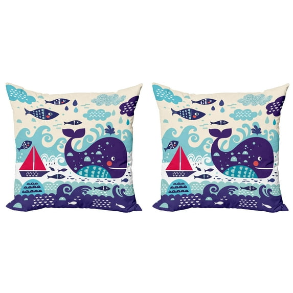 Ambesonne Cartoon Throw Pillow Cover 2 Pack, Whale an Fishes, 20", Purple