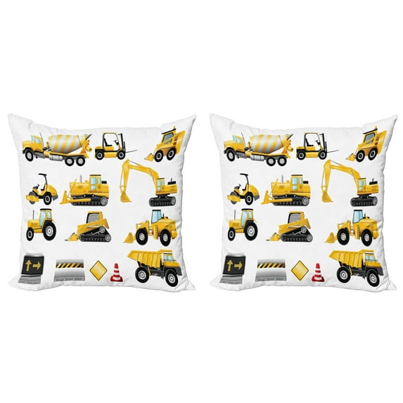 Ambesonne Cartoon Throw Pillow Cover 2 Pack, Yellow Construction Site, 24", Earth Yellow Black Red