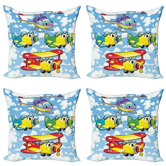 Ambesonne Cartoon Throw Pillow Cover 4 Pack, Airplanes Sky, 18", Multicolor
