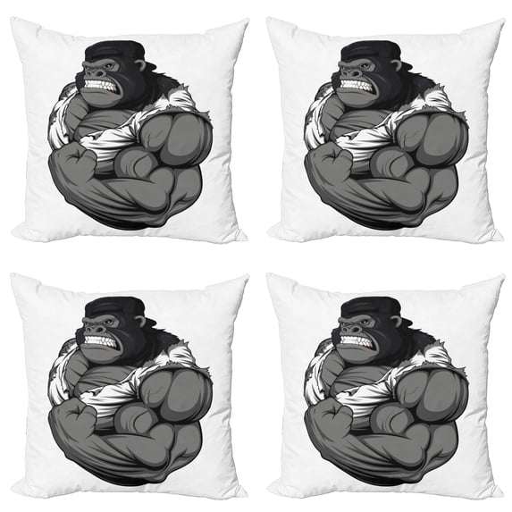 Ambesonne Cartoon Throw Pillow Cover 4 Pack, Animal Athlete Gorilla, 16", Black White Grey