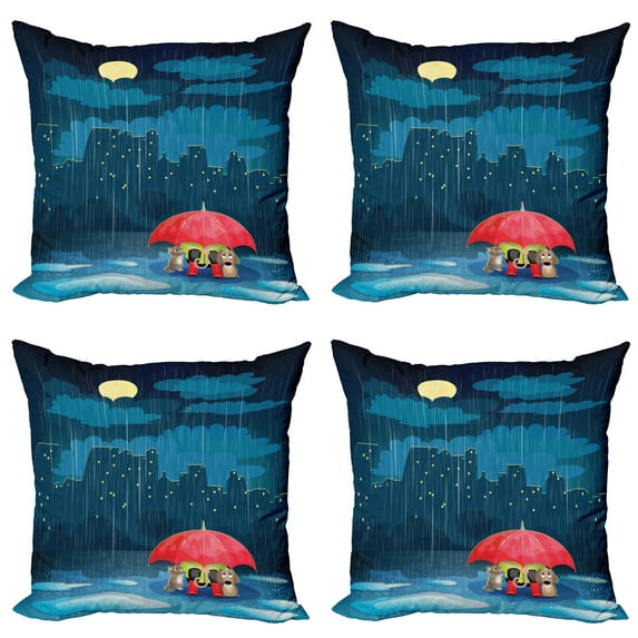 Ambesonne Cartoon Throw Pillow Cover 4 Pack, Animal under Rain, 18", Blue Coral