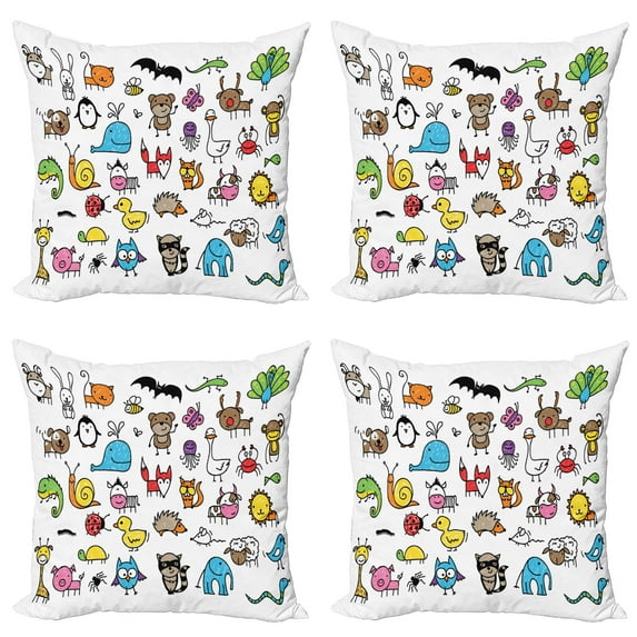 Ambesonne Cartoon Throw Pillow Cover 4 Pack, Animals, 20", Multicolor