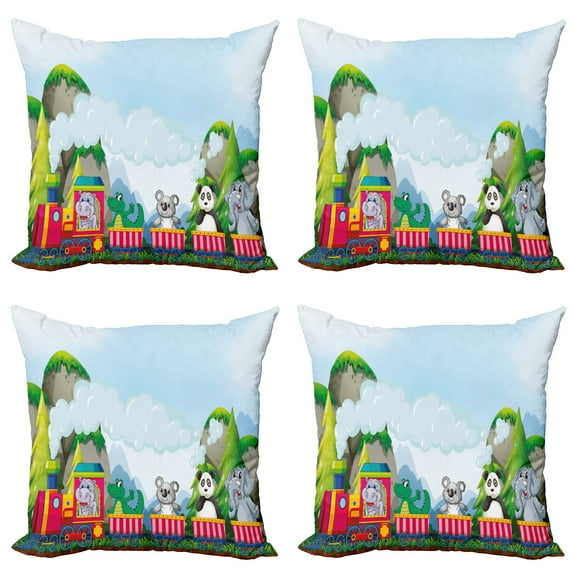 Ambesonne Cartoon Throw Pillow Cover 4 Pack, Animals on Train, 16", Multicolor