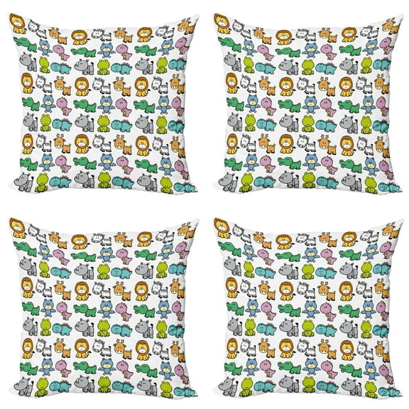 Ambesonne Cartoon Throw Pillow Cover 4 Pack, Bat Frog Lion Zebra Dino, 24", Multicolor