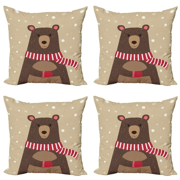 Ambesonne Cartoon Throw Pillow Cover 4 Pack, Bear Red Scarf, 16", Brown Sand Brown