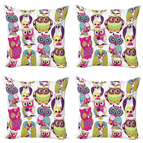 Ambesonne Cartoon Throw Pillow Cover 4 Pack, Best Friends Animals Fun, 16", Multicolor Coral