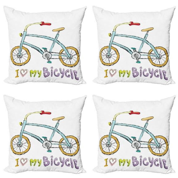 Ambesonne Cartoon Throw Pillow Cover 4 Pack, Bicycle Love Words, 24", Multicolor