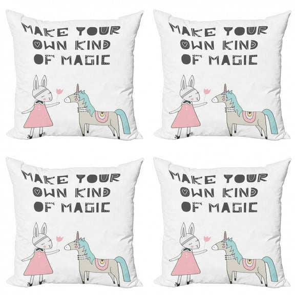 Ambesonne Cartoon Throw Pillow Cover 4 Pack, Bunny in Dress Unicorn, 16", Multicolor