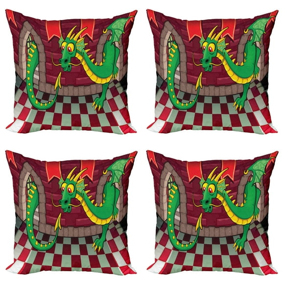 Ambesonne Cartoon Throw Pillow Cover 4 Pack, Castle with Dragon, 20", Ruby Green