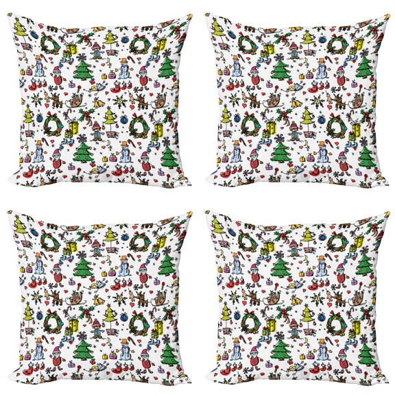 Ambesonne Cartoon Throw Pillow Cover 4 Pack, Christmas Santa Snowman, 20", Multicolor
