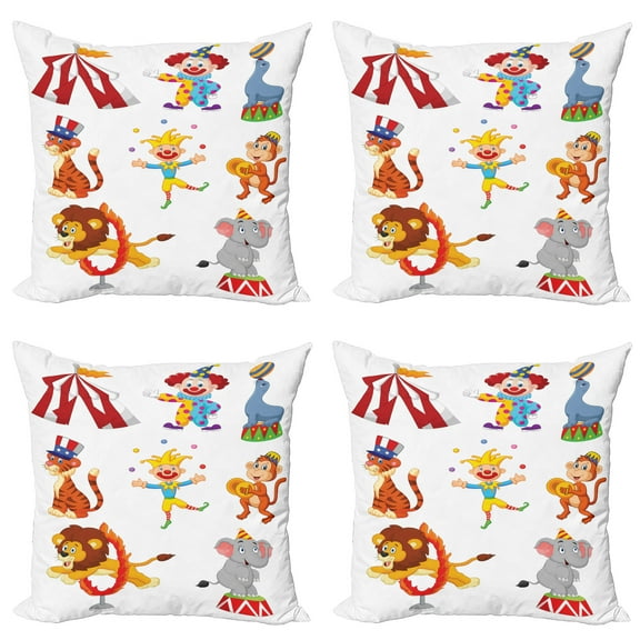 Ambesonne Cartoon Throw Pillow Cover 4 Pack, Circus Wild Animals, 24", Multicolor