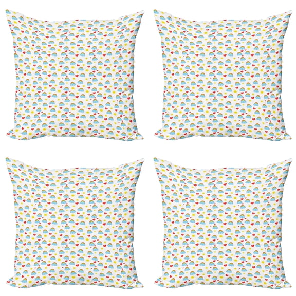 Ambesonne Cartoon Throw Pillow Cover 4 Pack, Clouds Rainbow Sun, 20", White Multicolor