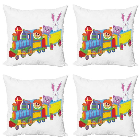 Ambesonne Cartoon Throw Pillow Cover 4 Pack, Clown Cat Bunny Train, 20", Multicolor