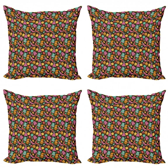 Ambesonne Cartoon Throw Pillow Cover 4 Pack, Colorful Monster Pattern, 16", Multicolor
