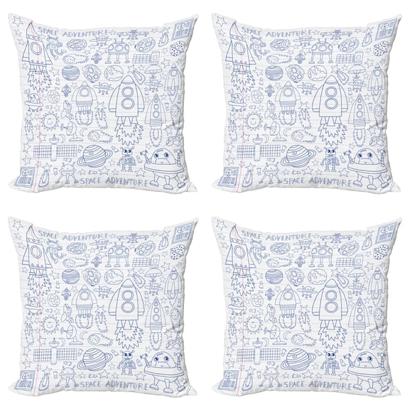 Ambesonne Cartoon Throw Pillow Cover 4 Pack, Cosmic Space Adventure, 18", Violet Blue White