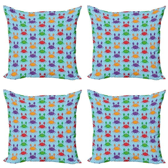 Ambesonne Cartoon Throw Pillow Cover 4 Pack, Crabs on Blue Backdrop, 16", Multicolor