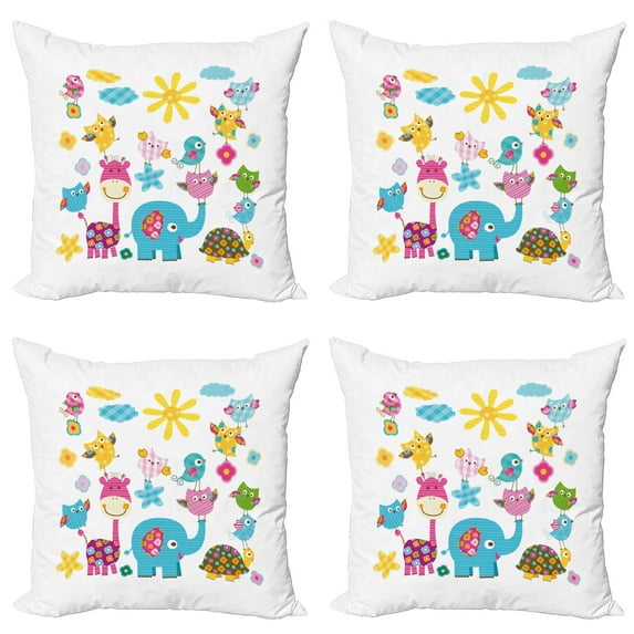 Ambesonne Cartoon Throw Pillow Cover 4 Pack, Dancing Characters, 24", Sky Blue Pink Marigold