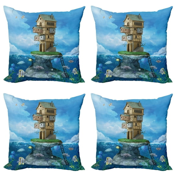 Ambesonne Cartoon Throw Pillow Cover 4 Pack, Fantasy Fisherman House, 20", Blue Brown Green