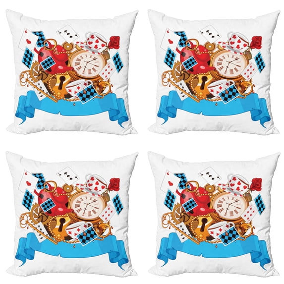 Ambesonne Cartoon Throw Pillow Cover 4 Pack, Fantasy World Cards Clocks, 18", Multicolor