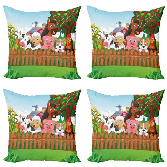 Ambesonne Cartoon Throw Pillow Cover 4 Pack, Farm Animals Mascots, 16", Multicolor
