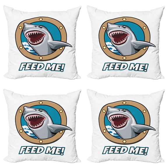 Ambesonne Cartoon Throw Pillow Cover 4 Pack, Feed Me Words Shark, 18", Multicolor
