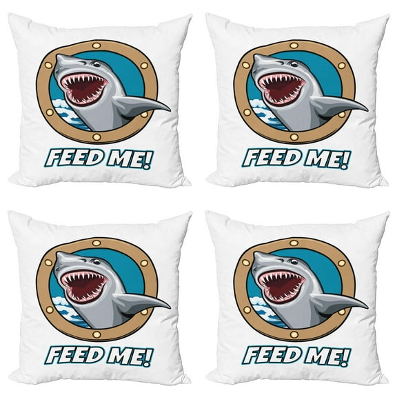 Ambesonne Cartoon Throw Pillow Cover 4 Pack, Feed Me Words Shark, 24", Multicolor