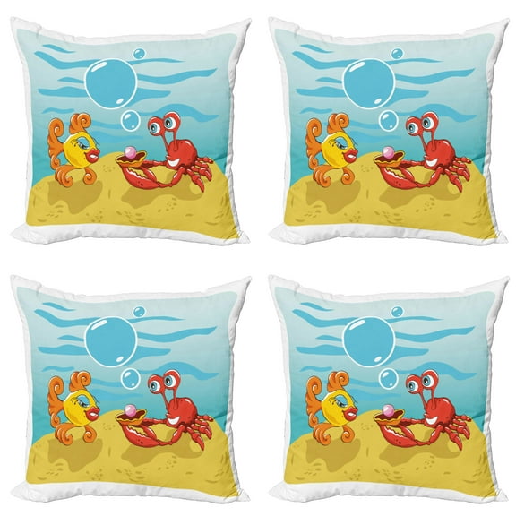 Ambesonne Cartoon Throw Pillow Cover 4 Pack, Fish Crab Cartoon, 18", Yellow Red and Blue