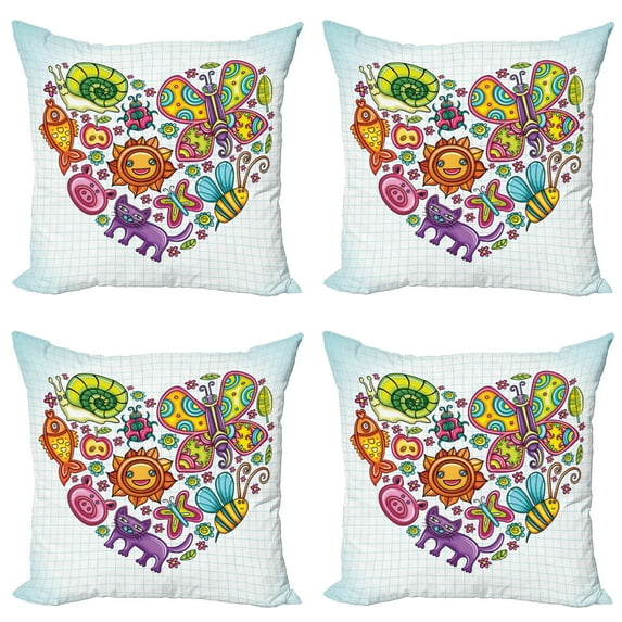 Ambesonne Cartoon Throw Pillow Cover 4 Pack, Flora and Fauna Heart, 18", Multicolor