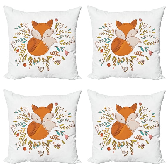 Ambesonne Cartoon Throw Pillow Cover 4 Pack, Fox Flowers, 20", Dark Orange White