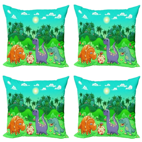 Ambesonne Cartoon Throw Pillow Cover 4 Pack, Funny Dinosaurs, 24", Multicolor