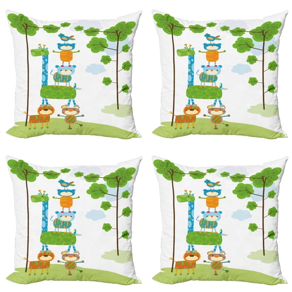 Ambesonne Cartoon Throw Pillow Cover 4 Pack, Funny Jungle Creatures, 18", Green Blue Orange