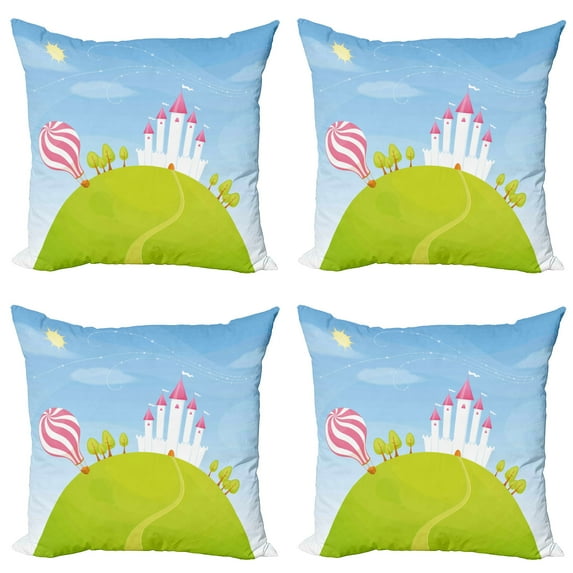 Ambesonne Cartoon Throw Pillow Cover 4 Pack, Hills Hot Air Balloon, 24", Multicolor