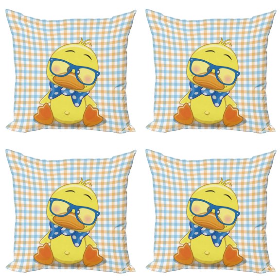 Ambesonne Cartoon Throw Pillow Cover 4 Pack, Hipster Boho Cool Duck, 18", Orange Yellow Blue