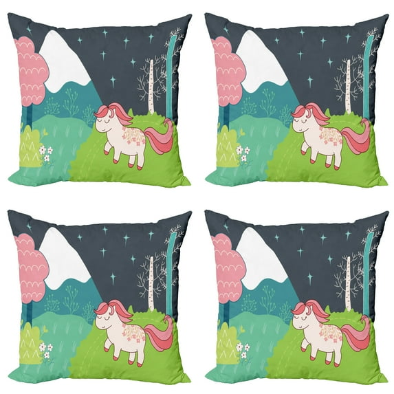 Ambesonne Cartoon Throw Pillow Cover 4 Pack, Horse Wood Doodle, 24", Multicolor