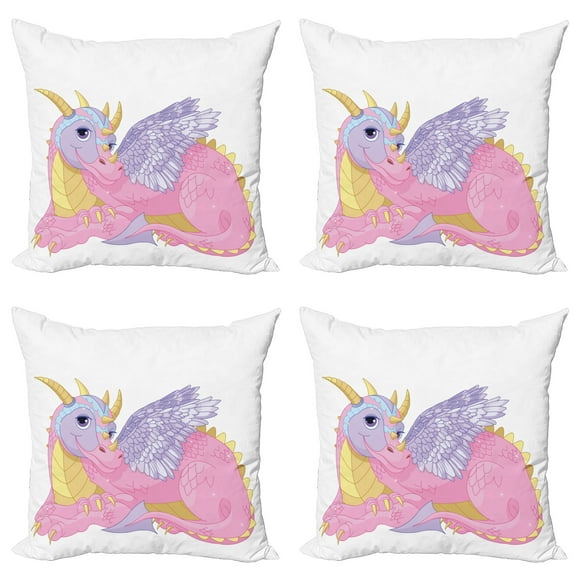 Ambesonne Cartoon Throw Pillow Cover 4 Pack, Lady Dragon Posing, 16", Pale Pink Lavender