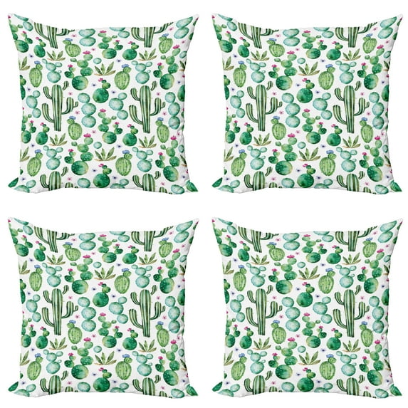 Ambesonne Cartoon Throw Pillow Cover 4 Pack, Mexican Cactus Plants, 24", Lime Green Pale Pink