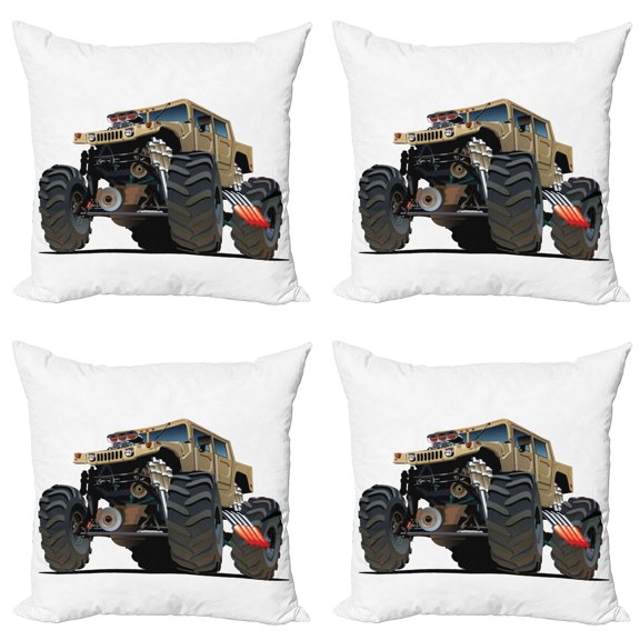Ambesonne Cartoon Throw Pillow Cover 4 Pack, Monster Truck Racing, 16", Multicolor
