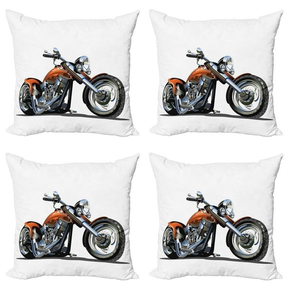 Ambesonne Cartoon Throw Pillow Cover 4 Pack, Motorbike Adventure, 16", Orange Black