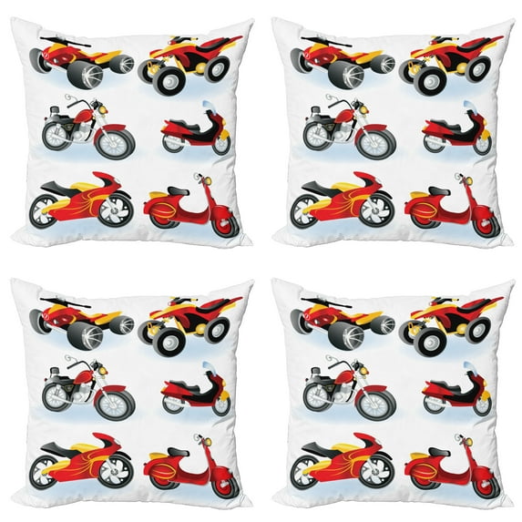 Ambesonne Cartoon Throw Pillow Cover 4 Pack, Motorcycle Hippie, 18", Black Yellow