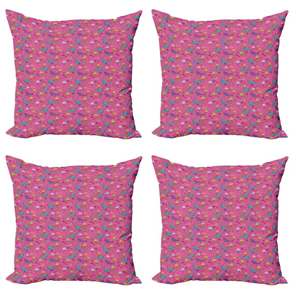 Ambesonne Cartoon Throw Pillow Cover 4 Pack, Narwhal and Jellyfish Fun, 24", Pink Multicolor