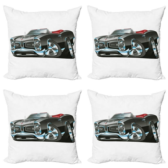 Ambesonne Cartoon Throw Pillow Cover 4 Pack, Nostalgic Sports Car, 24", Pale Grey Blue