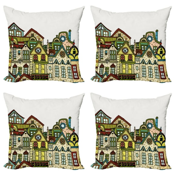 Ambesonne Cartoon Throw Pillow Cover 4 Pack, Old Town View Art, 20", Green Beige