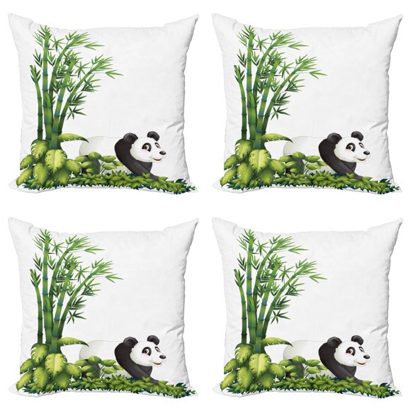 Ambesonne Cartoon Throw Pillow Cover 4 Pack, Panda Bear Funny Forest, 18", White Black and Green