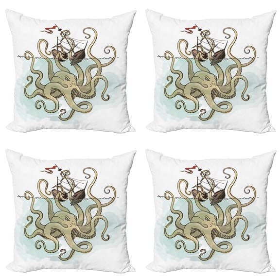 Ambesonne Cartoon Throw Pillow Cover 4 Pack, Pirate Ship Greek Myth, 24", Tan Pale Green