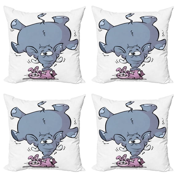 Ambesonne Cartoon Throw Pillow Cover 4 Pack, Rabbit Mascot Animal, 24", Grey Pink White